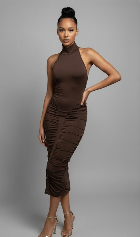 Elsa Backless Ruched Midi Dress - Brown