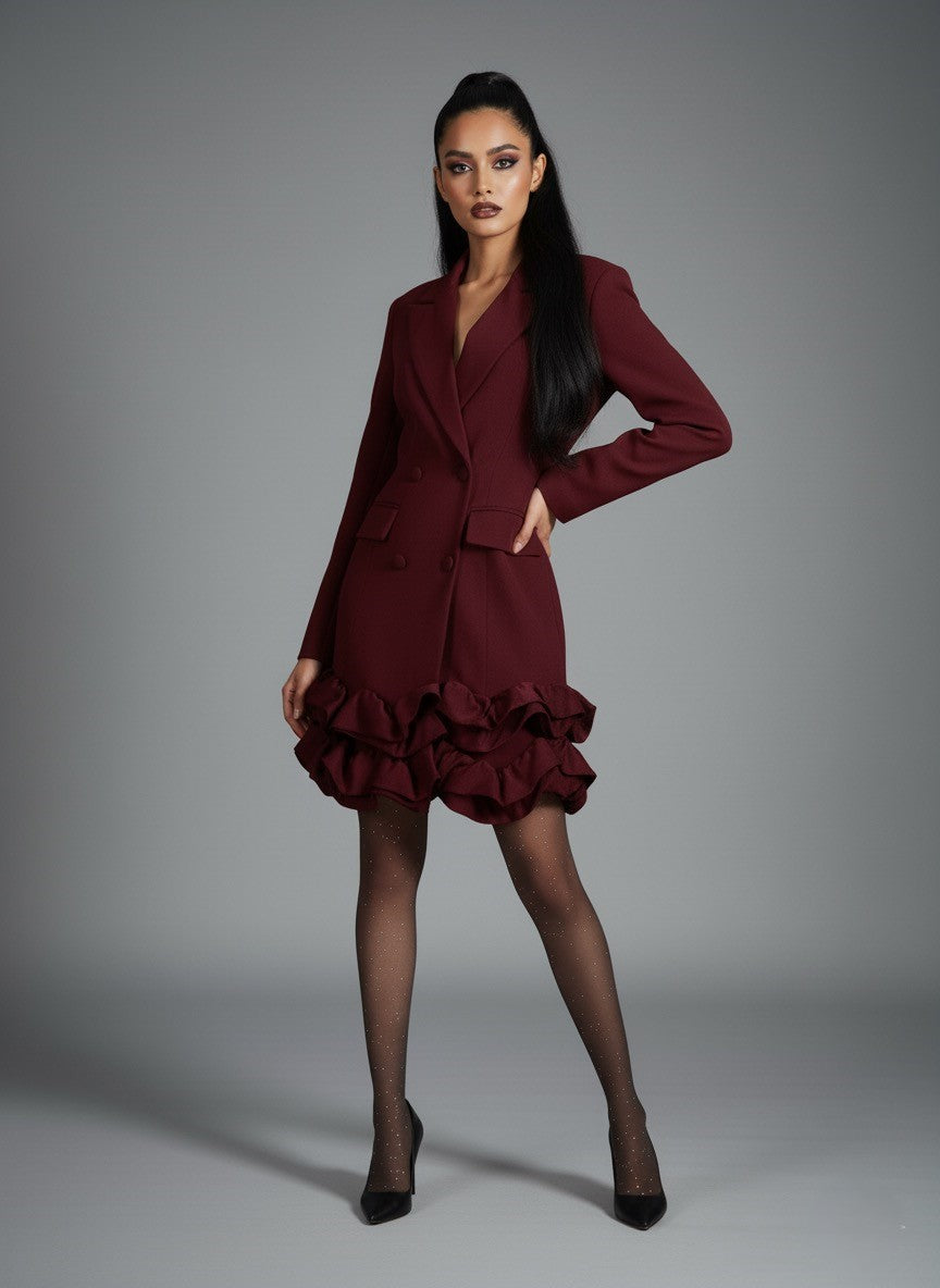 Ruffle Hem Double-Breasted Blazer Dress