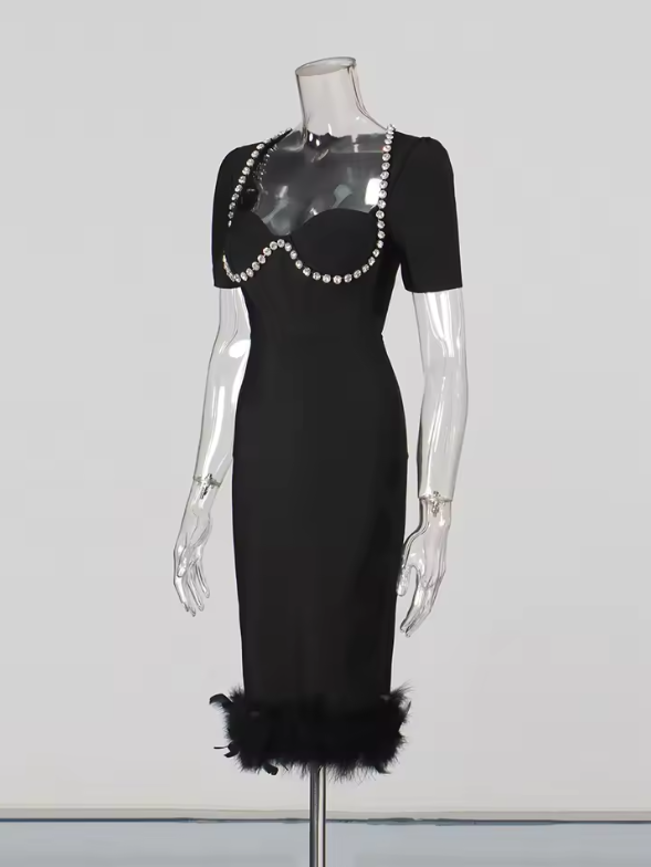 Carmel Black Midi Feather Dress