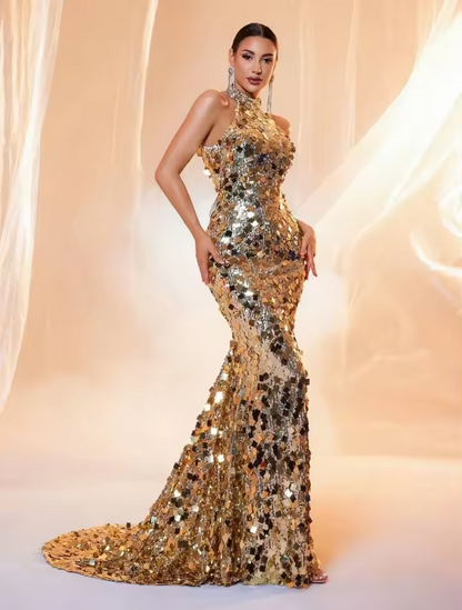 Gia Golden Sleeveless Long  Evening Dress