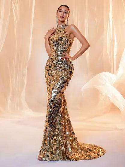 Gia Golden Sleeveless Long  Evening Dress