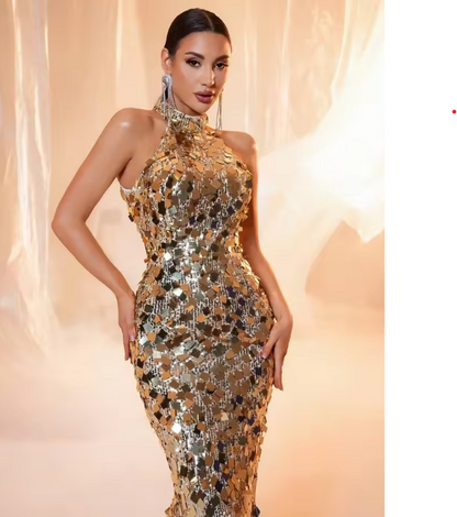 Gia Golden Sleeveless Long  Evening Dress