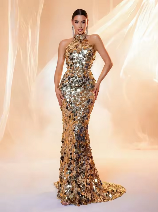 Gia Golden Sleeveless Long  Evening Dress